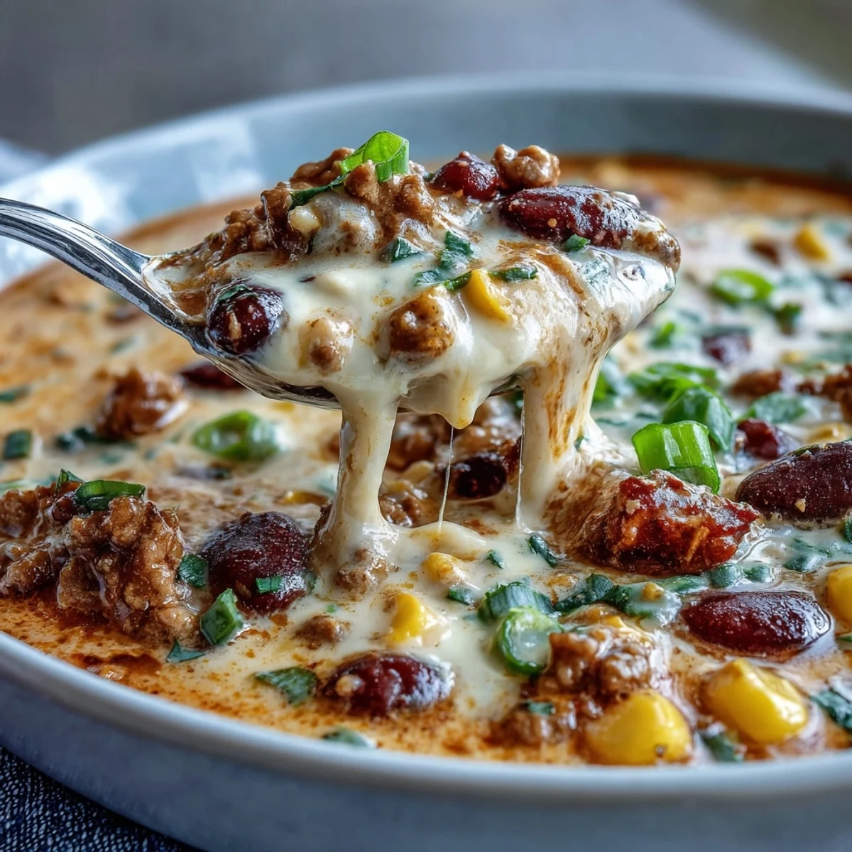 Creamy Taco Soup simmering with ground beef, beans, and corn in a rich, cheesy broth topped with green onions.