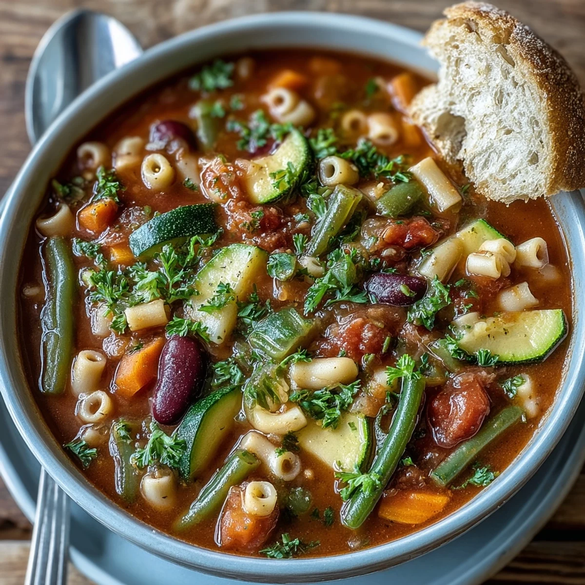 Steaming bowl of homemade Minestrone Soup, packed with pasta, white beans, and fresh vegetables.