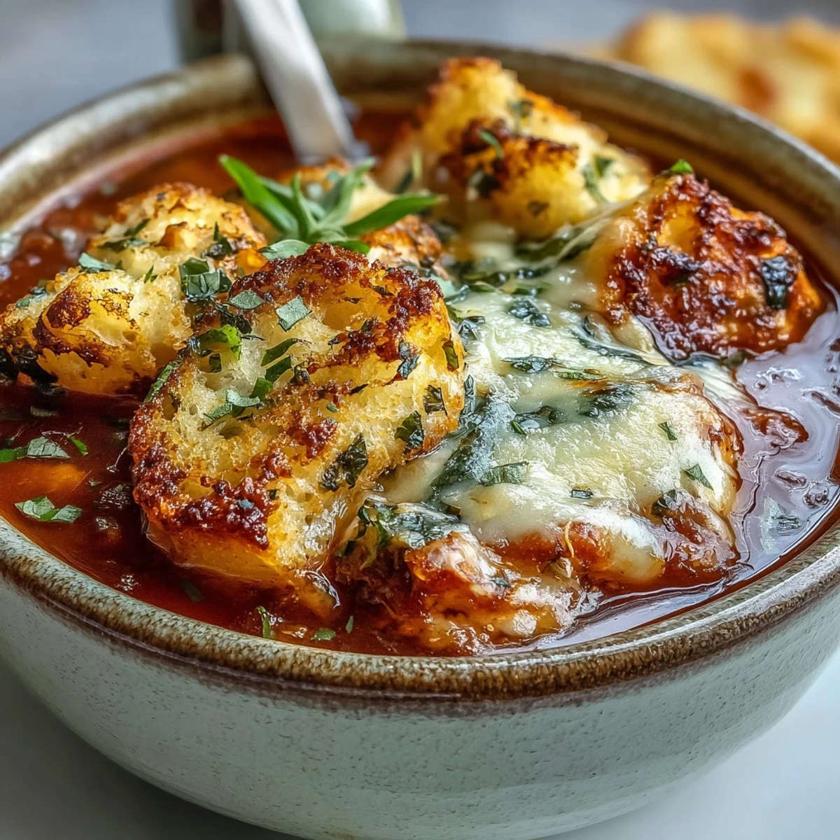 Steaming bowl of Grilled Chicken Parmesan Soup garnished with fresh basil and shredded cheeses.