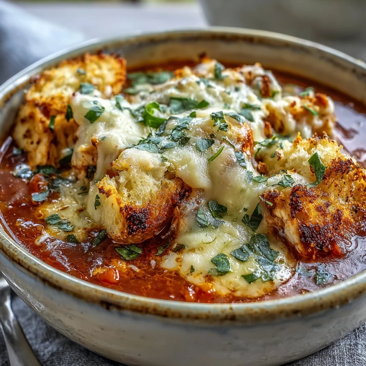 Close-up of Grilled Chicken Parmesan Soup featuring diced grilled chicken in a rich tomato broth.