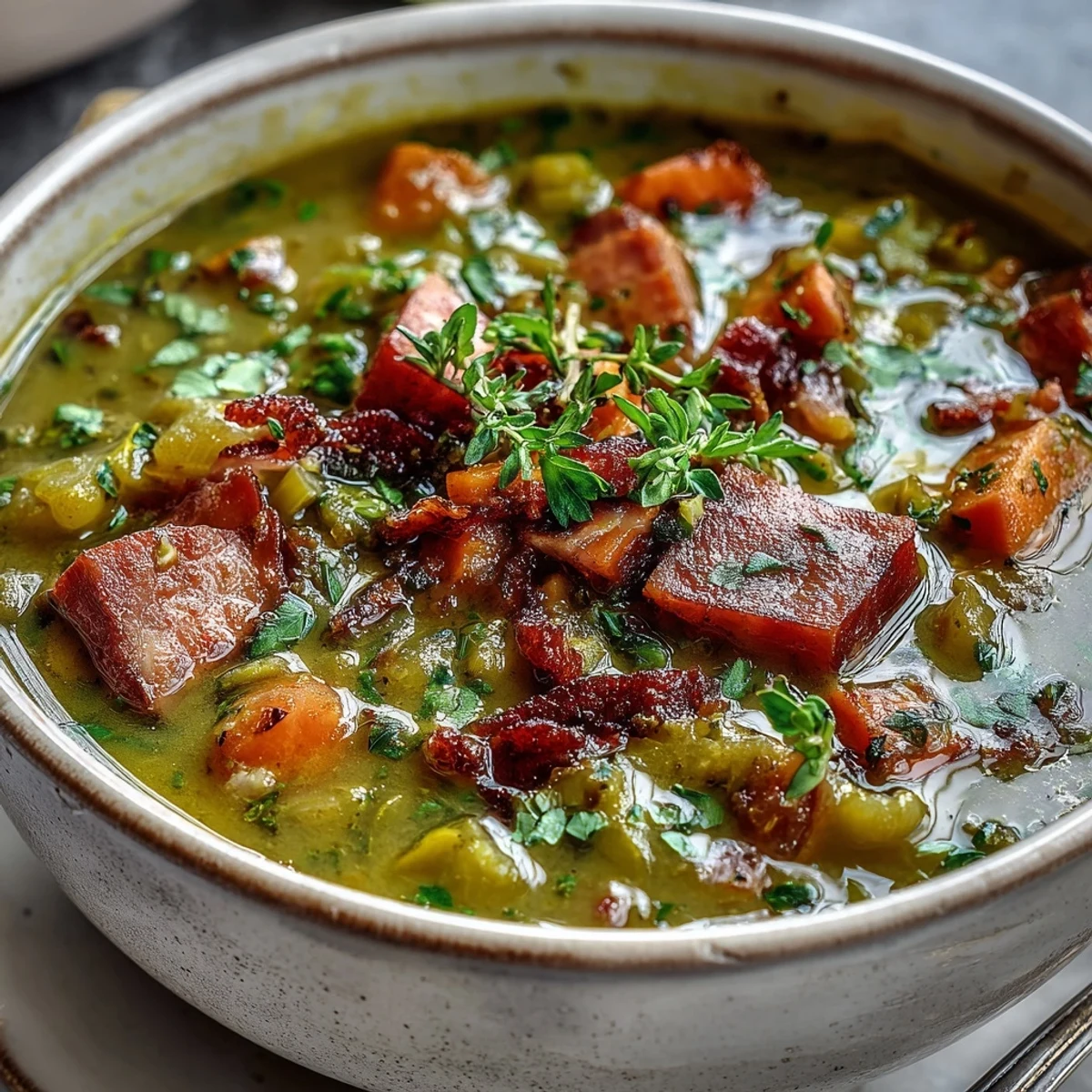 Steaming bowl of Split Pea and Ham Soup with diced carrots and tender peas, served alongside crusty artisan bread.
