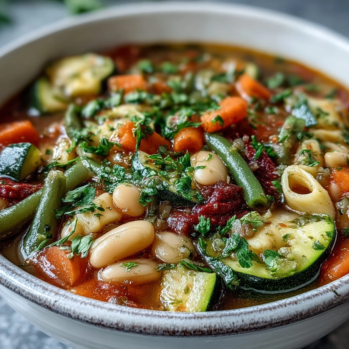 A close-up of hearty Minestrone Soup topped with fresh parsley and a drizzle of olive oil.