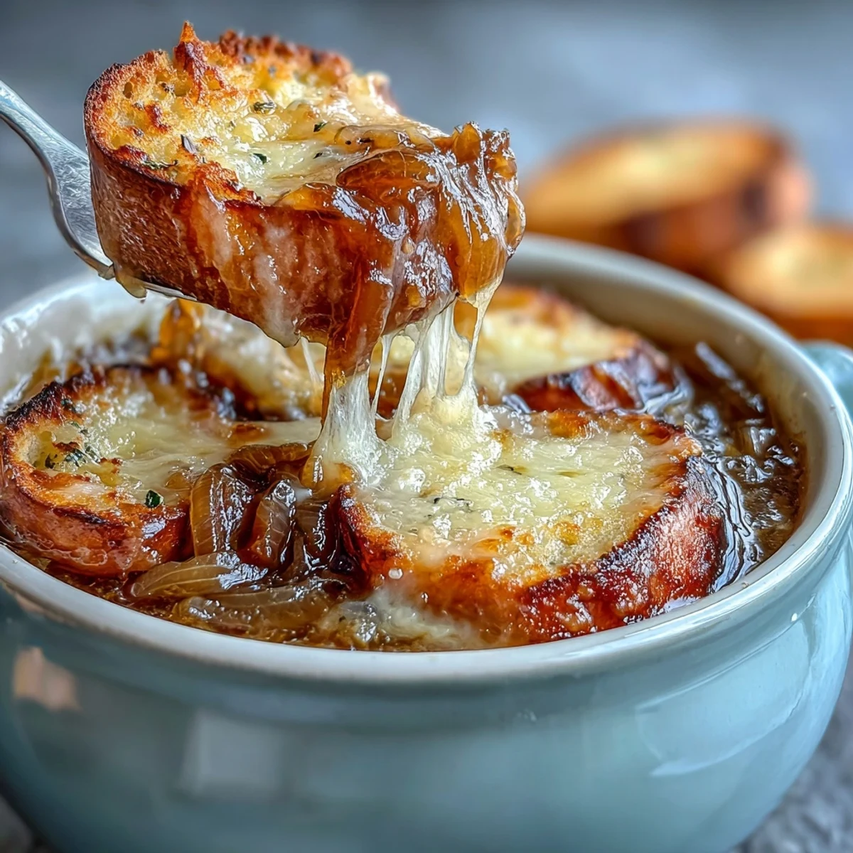 Thick slices of crusty baguette topped with bubbly, melted Gruyère cheese float on top of the hot broth.