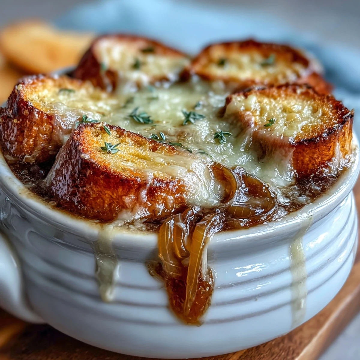 A rustic oven-safe bowl holds the savory soup, garnished with fresh thyme and ready to serve immediately.