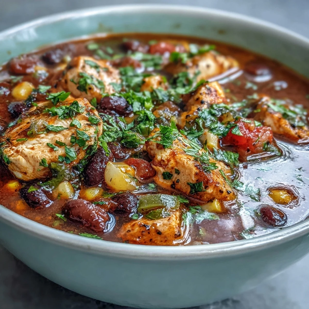 A bowl of steaming Southwestern Turkey Soup garnished with fresh cilantro and creamy avocado slices.