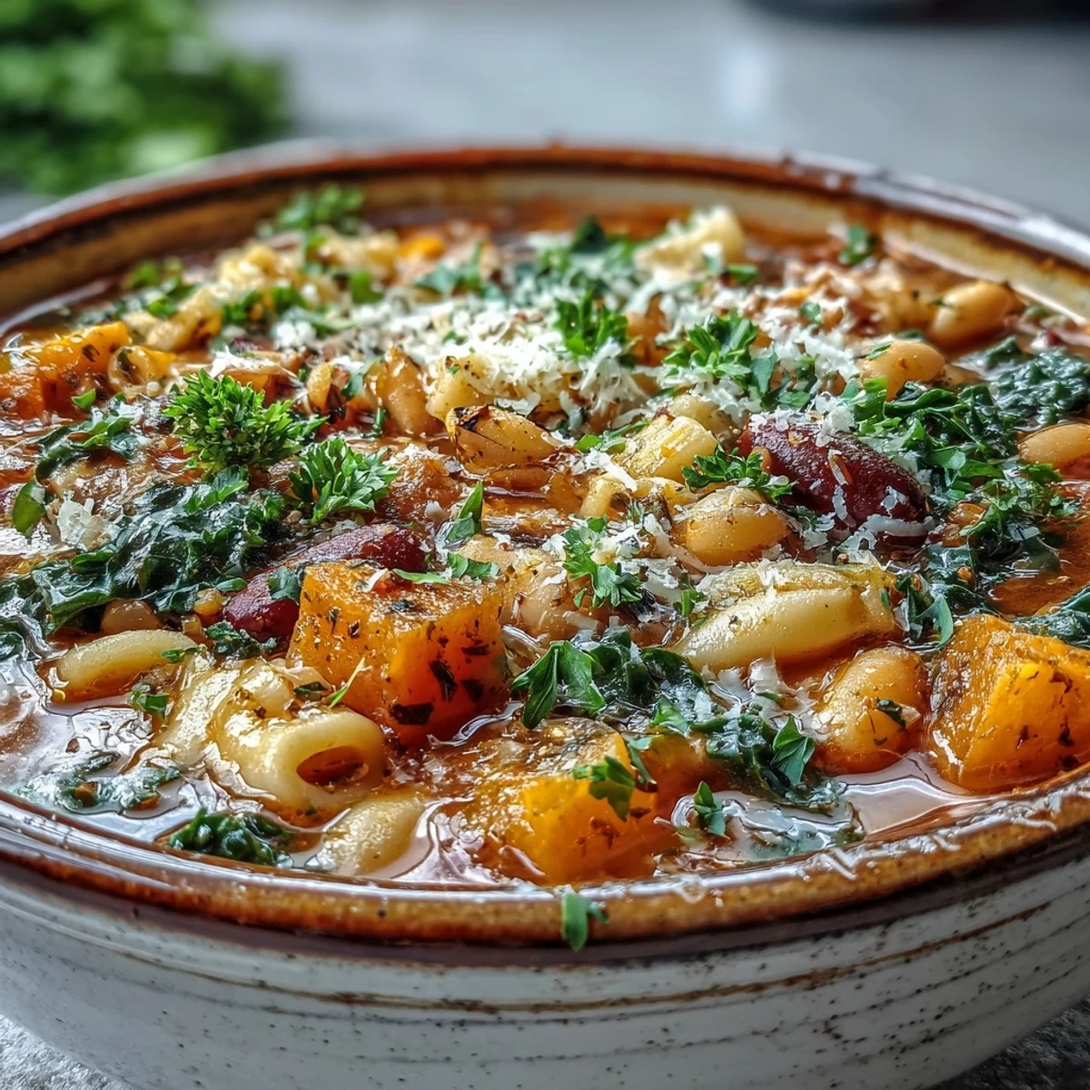 Steaming bowls of Winter Minestrone Soup with Butternut Squash and Kale are garnished with parsley and Parmesan.