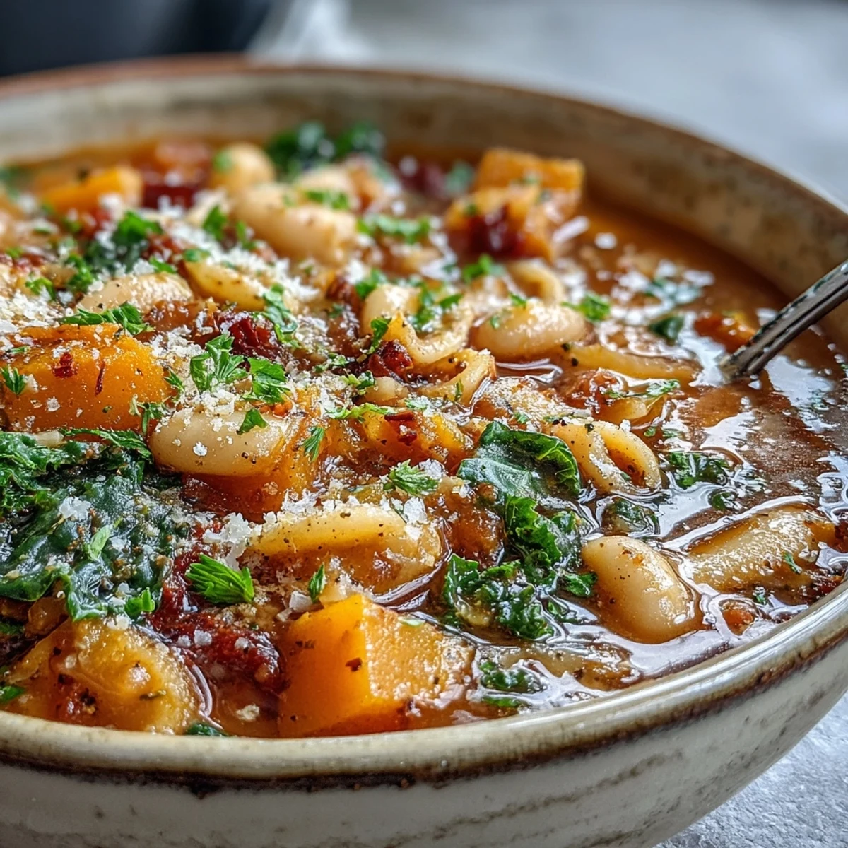 Served with crusty bread, a hearty portion of Winter Minestrone Soup with Butternut Squash and Kale steams in a rustic bowl.