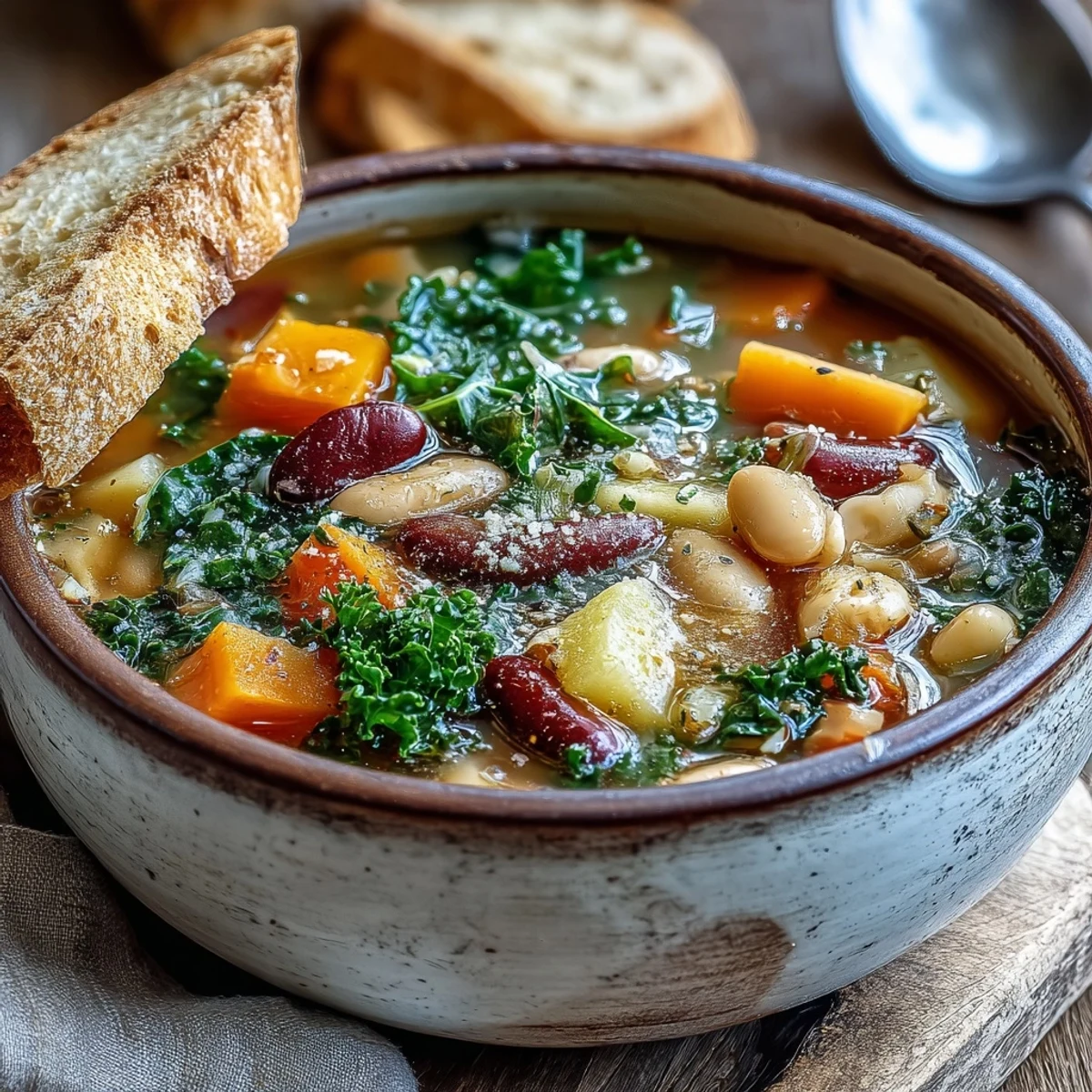 A bowl of steaming Winter Minestrone Soup filled with butternut squash, kale, and beans, topped with fresh parsley and Parmesan.