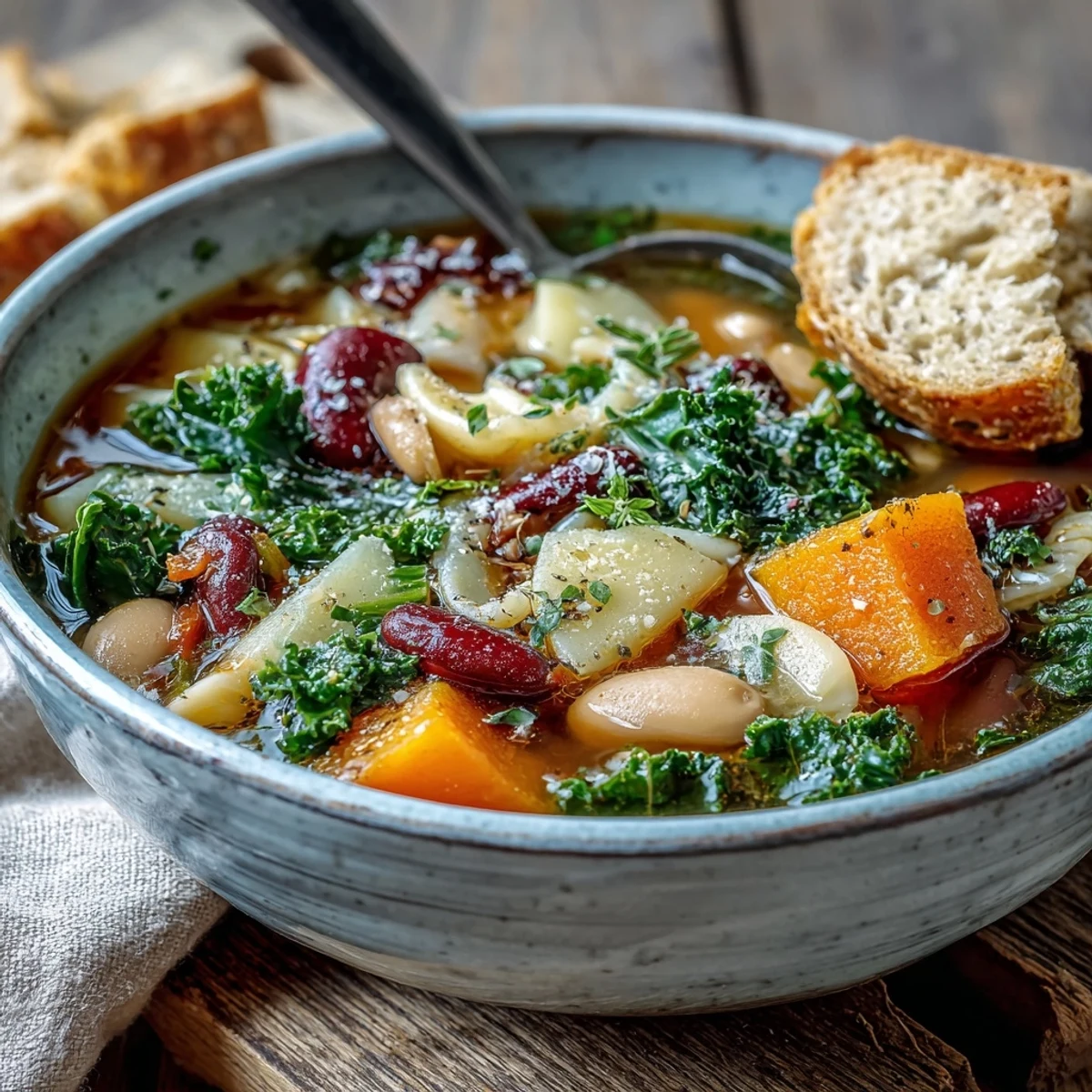 Winter Minestrone Soup served in a cozy bowl with a side of crusty bread, ready for a comforting meal.