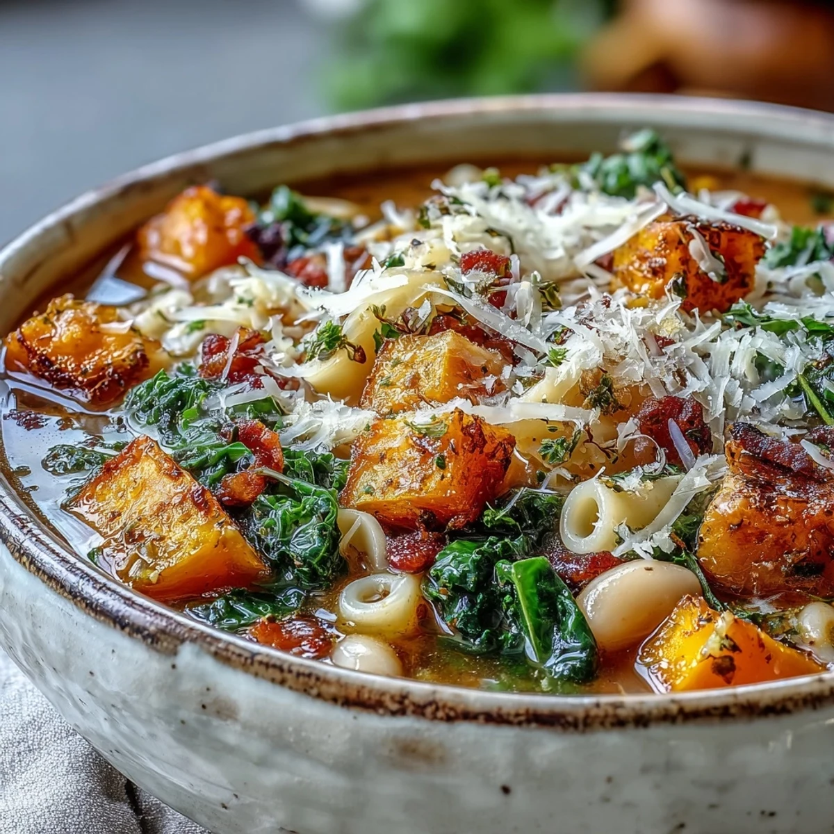 Steaming Fall Minestrone in a rustic bowl highlights creamy white beans and ditalini pasta.
