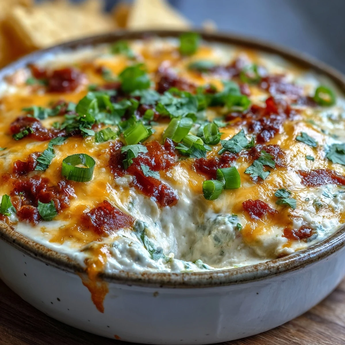 Freshly melted Queso Dip is spooned over nachos for a game day snack in a festive setting.