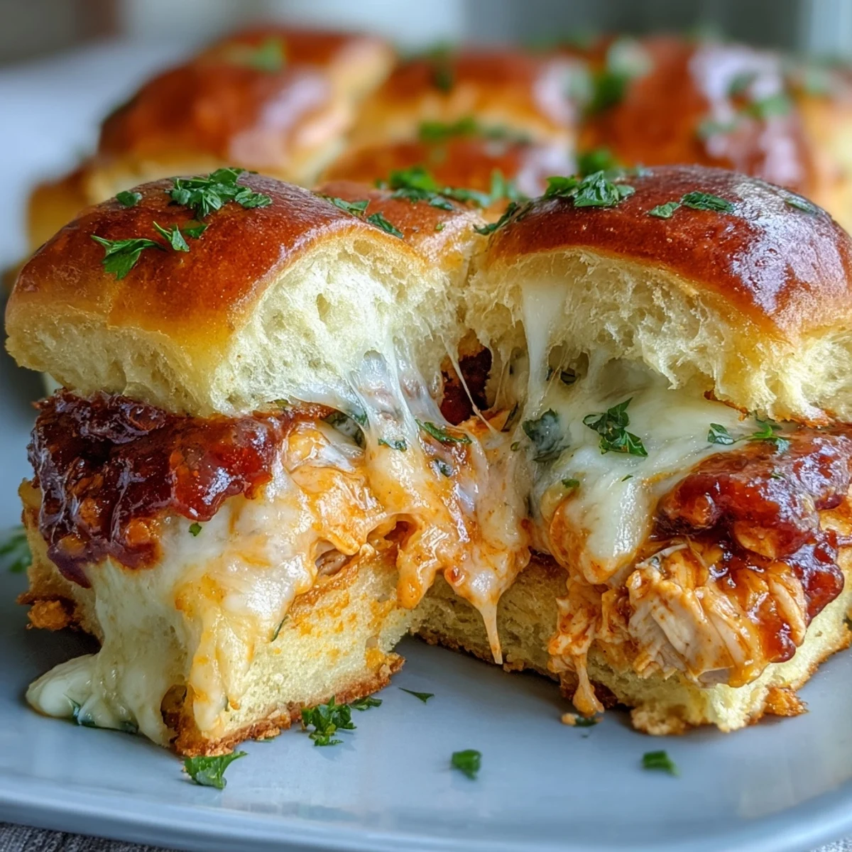 Twelve warm Pizza Dip Sliders arranged on a platter, perfect for a Super Bowl party or game day gathering with friends.