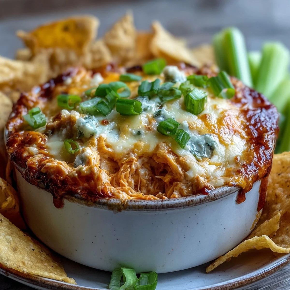 Golden Crock Pot Buffalo Chicken Dip topped with scallions and served alongside crunchy tortilla chips.