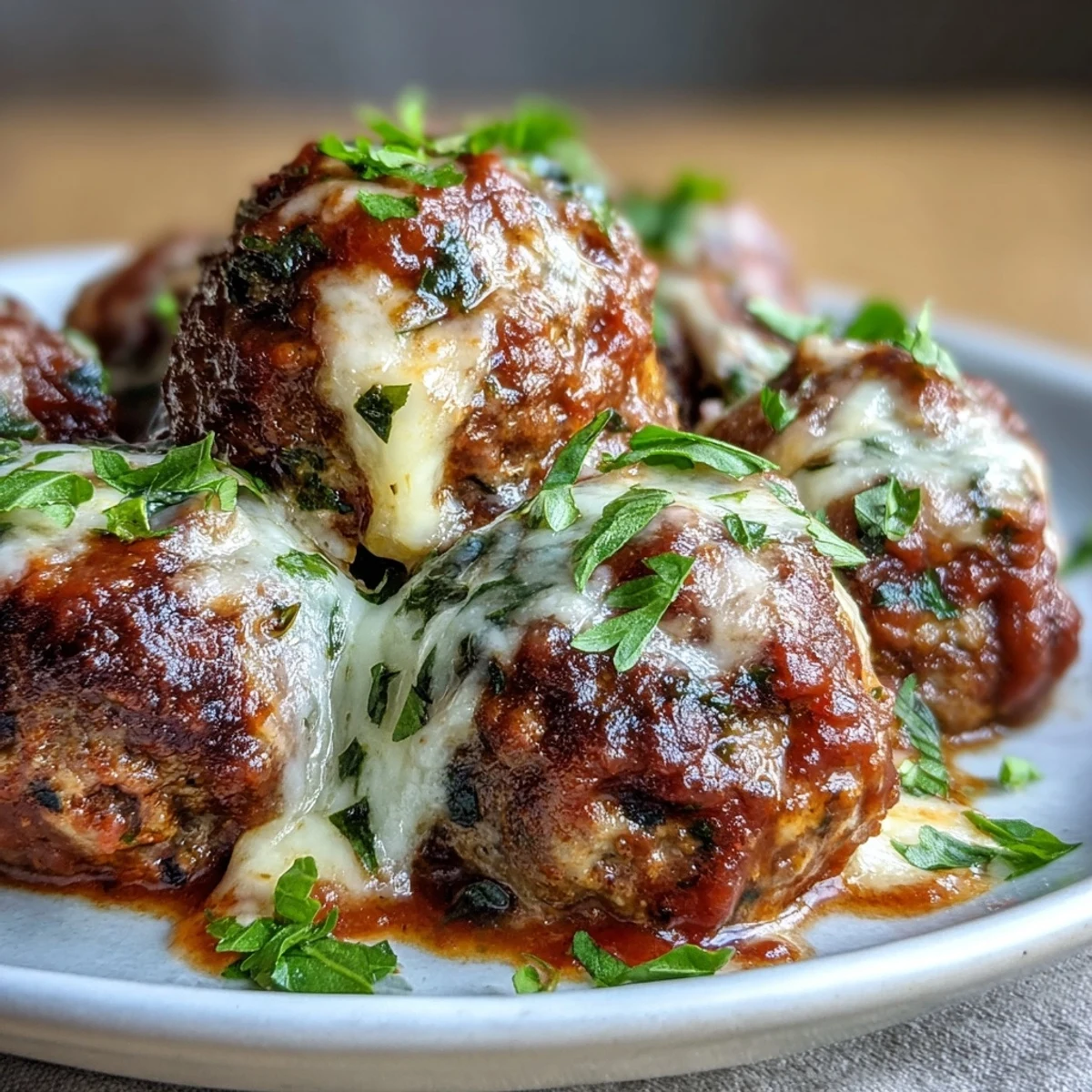 Tender Cheesy, Garlicky Meatballs With Marinara simmer in rich tomato sauce, ready to be served over gluten-free pasta.
