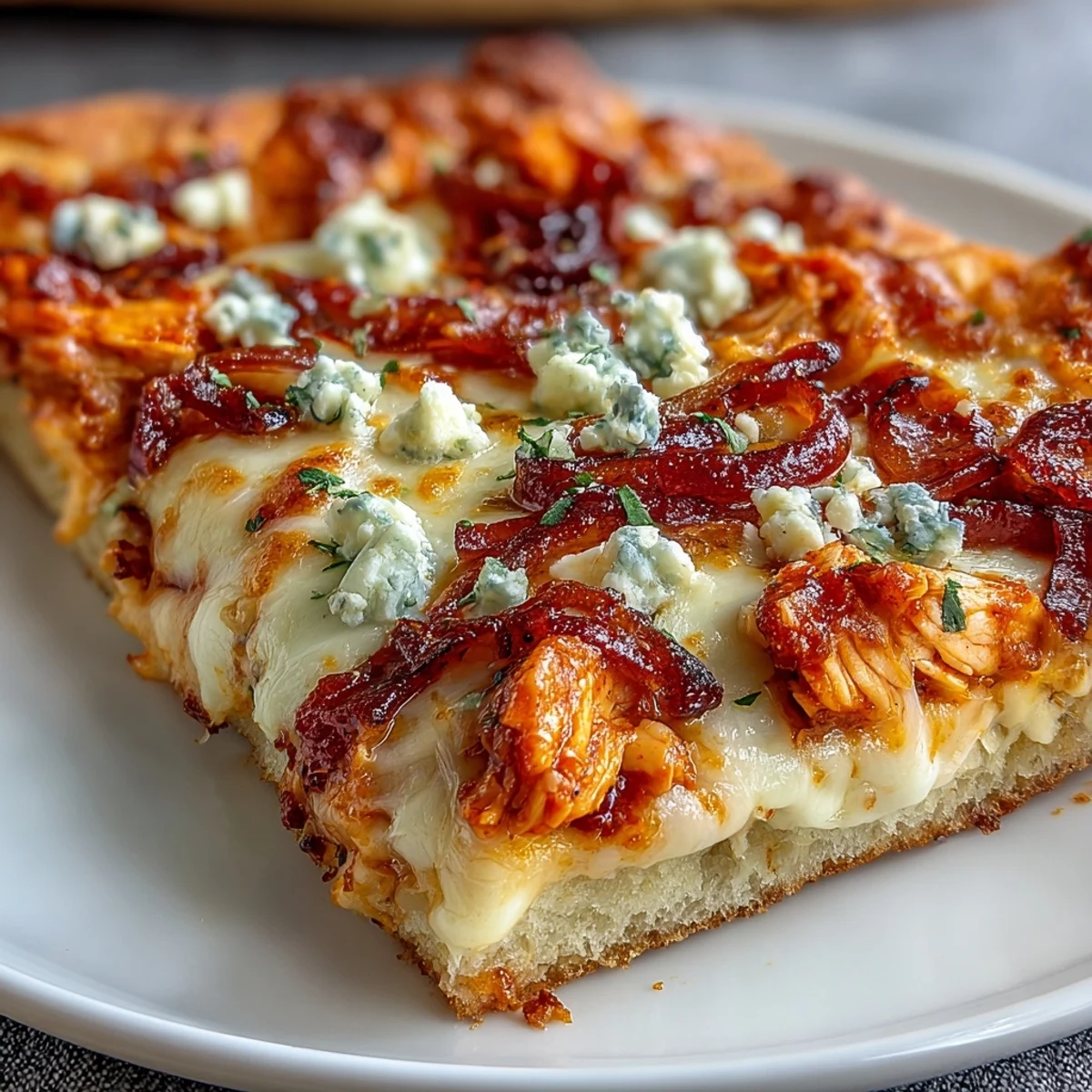 A close-up of Buffalo Chicken Pizza with melted mozzarella, shredded cheddar, and spicy buffalo chicken on a golden crust, finished with green chives.