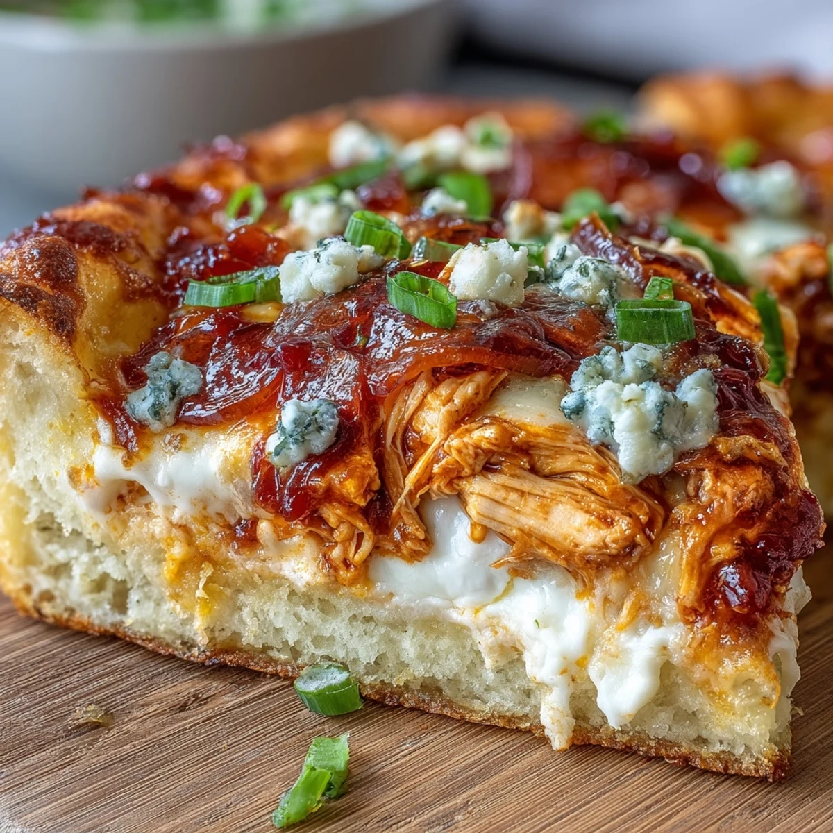 A freshly baked Buffalo Chicken Pizza with bubbling cheese, a crispy edge, and scattered chives, served on a cutting board with a pizza cutter nearby.