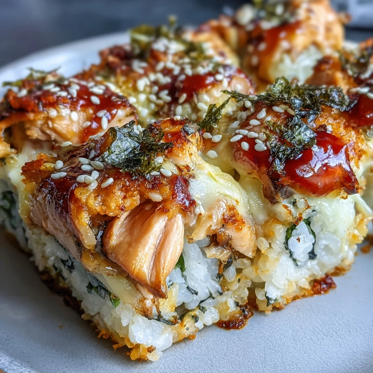 Freshly baked Spicy Salmon Sushi Bake topped with melted mozzarella and sesame seeds.