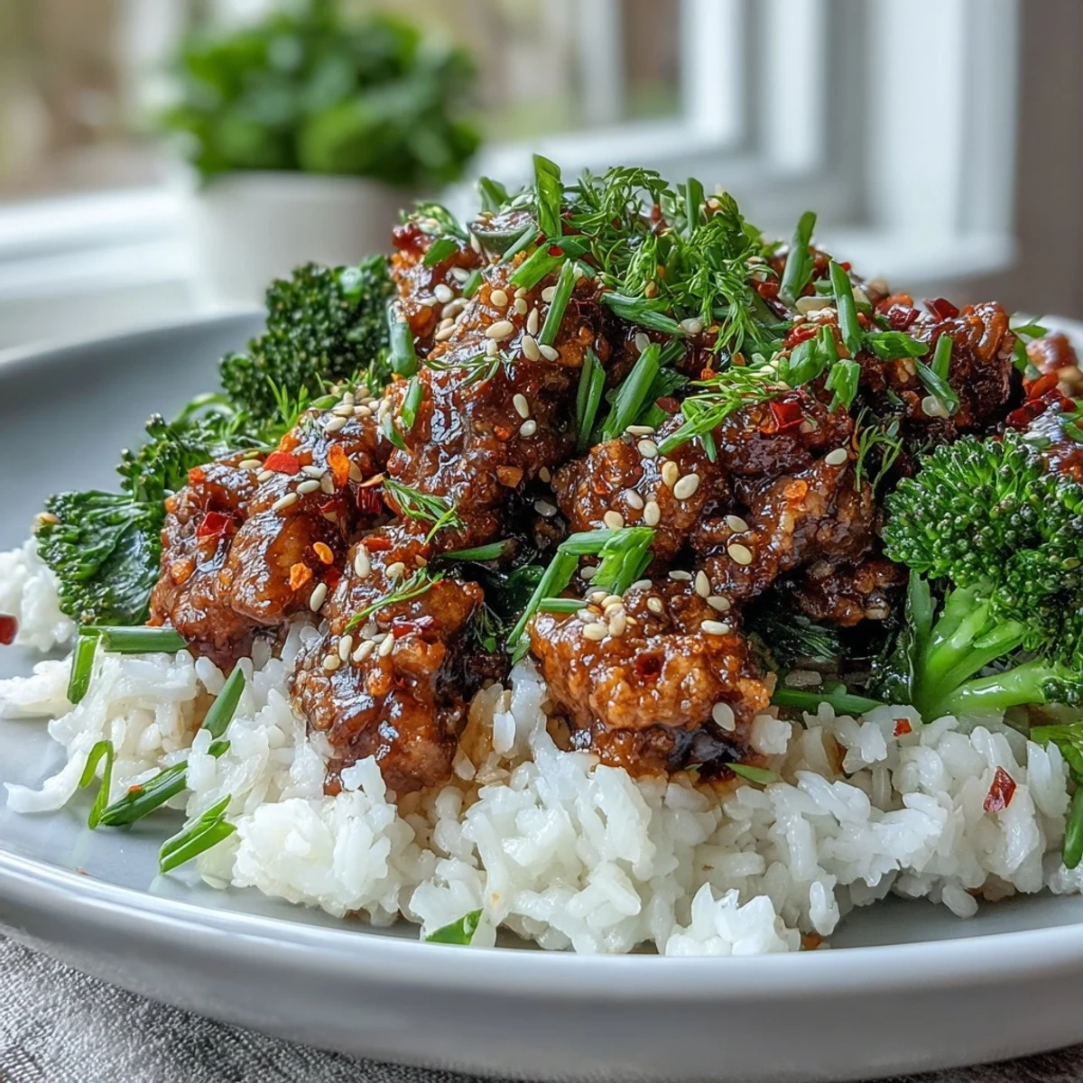 Korean-Style Ground Turkey simmered in a glossy, spicy-sweet sauce with garlic and ginger, flecked with toasted sesame seeds.