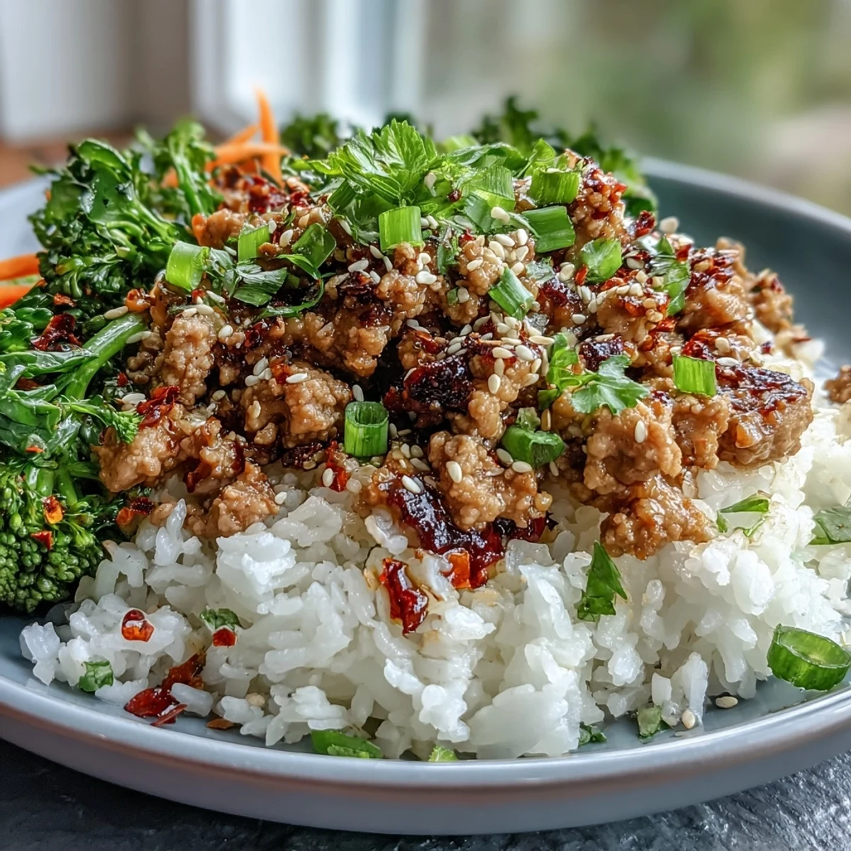 A skillet of sizzling Korean-Style Ground Turkey next to fluffy steamed rice and vibrant green broccoli florets.