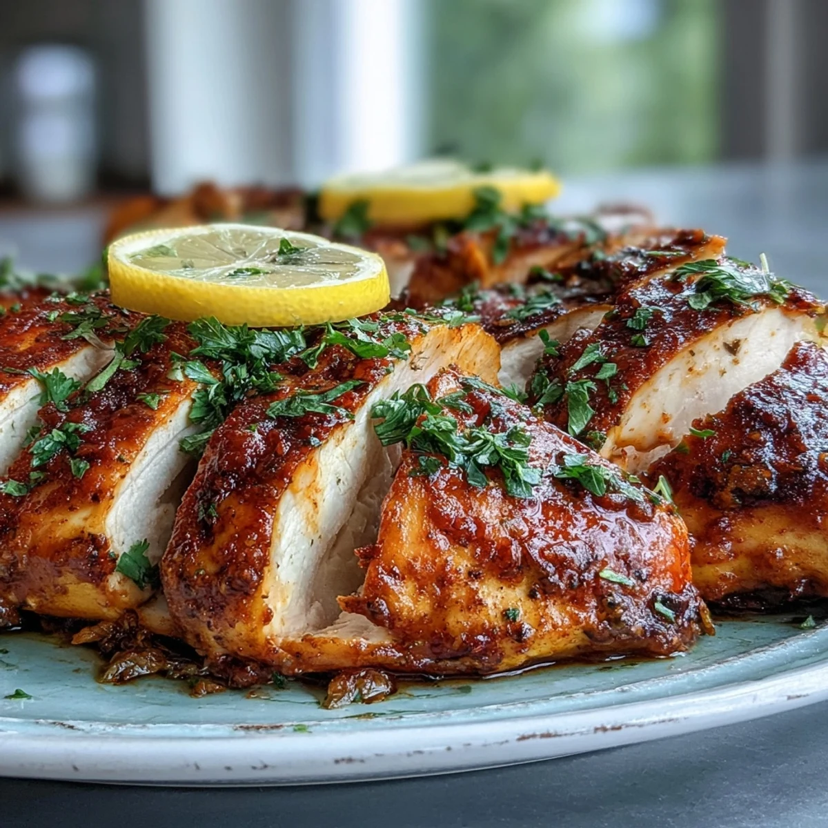 Sliced juicy Oven Baked Chicken Breast served with roasted broccoli and tomatoes.