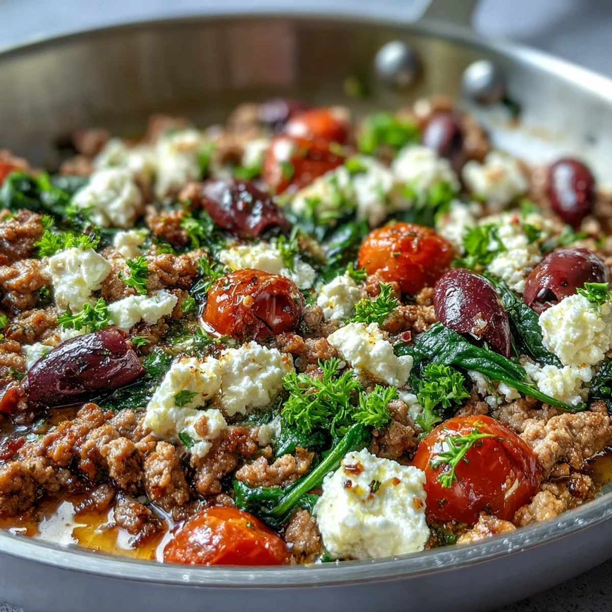Sizzling Mediterranean Keto Ground Chicken Skillet in a hot pan, topped with crumbled feta, halved Kalamata olives, and fresh parsley for a low-carb meal.