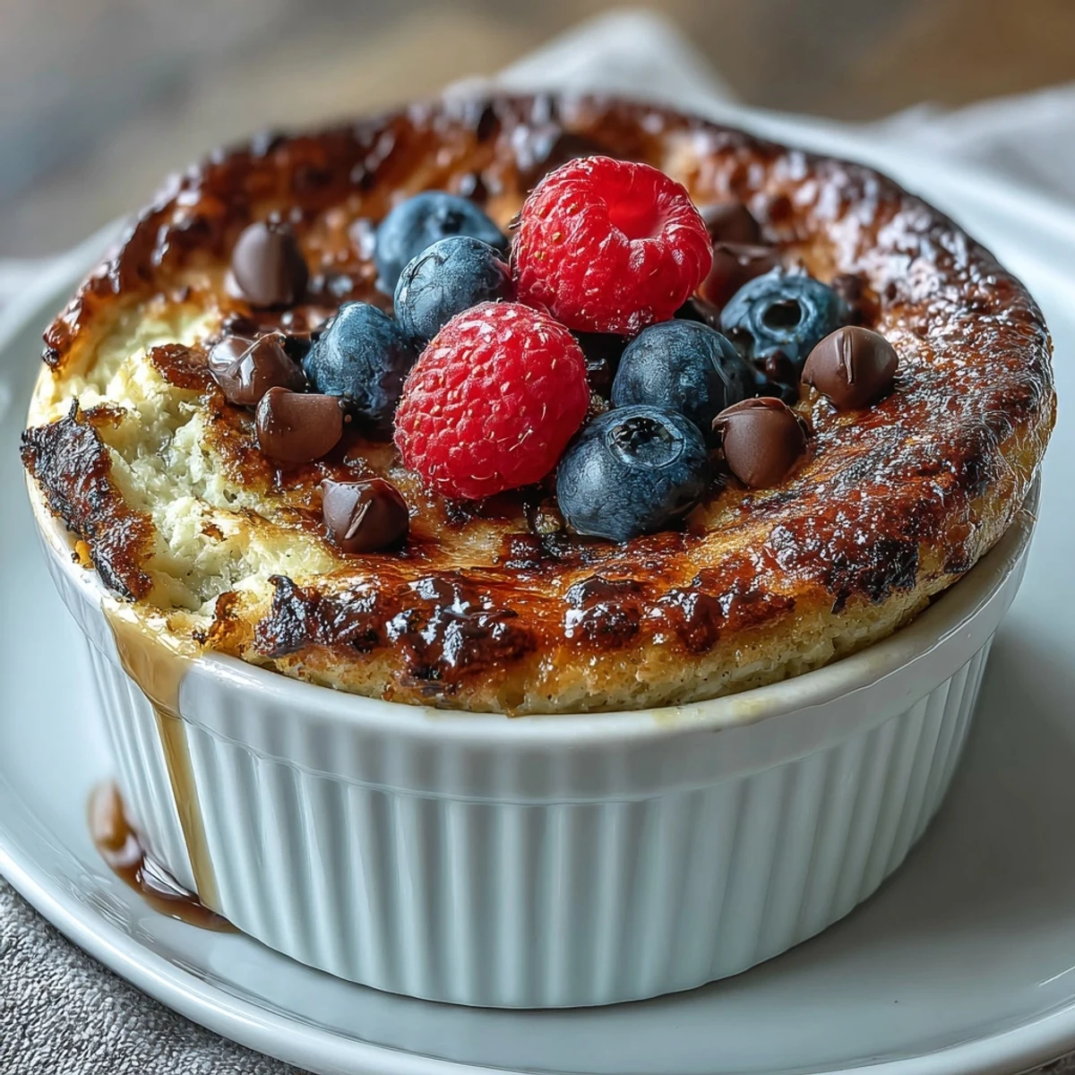 Golden-brown Baked Protein Pancake Bowl fresh from the oven, topped with melted peanut butter and maple syrup for a cozy breakfast.
