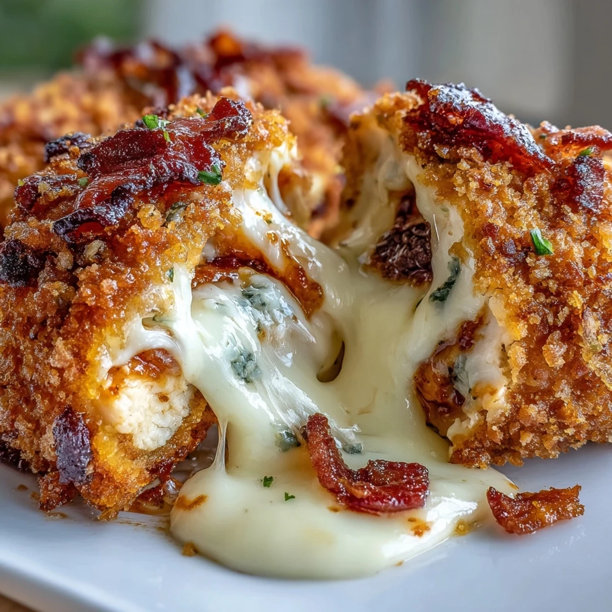 Golden-brown Buffalo Chicken Bacon Mozzarella Bombs with a crispy panko crust served with ranch dip.