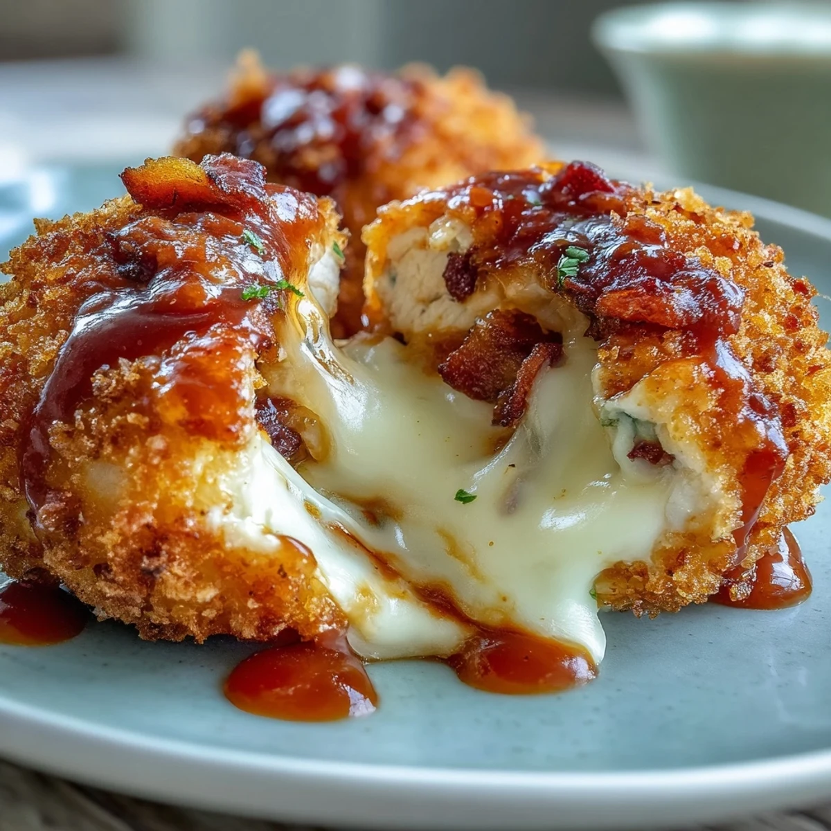 Crispy fried Buffalo Chicken Bacon Mozzarella Bombs resting on a plate beside a small bowl of blue cheese.