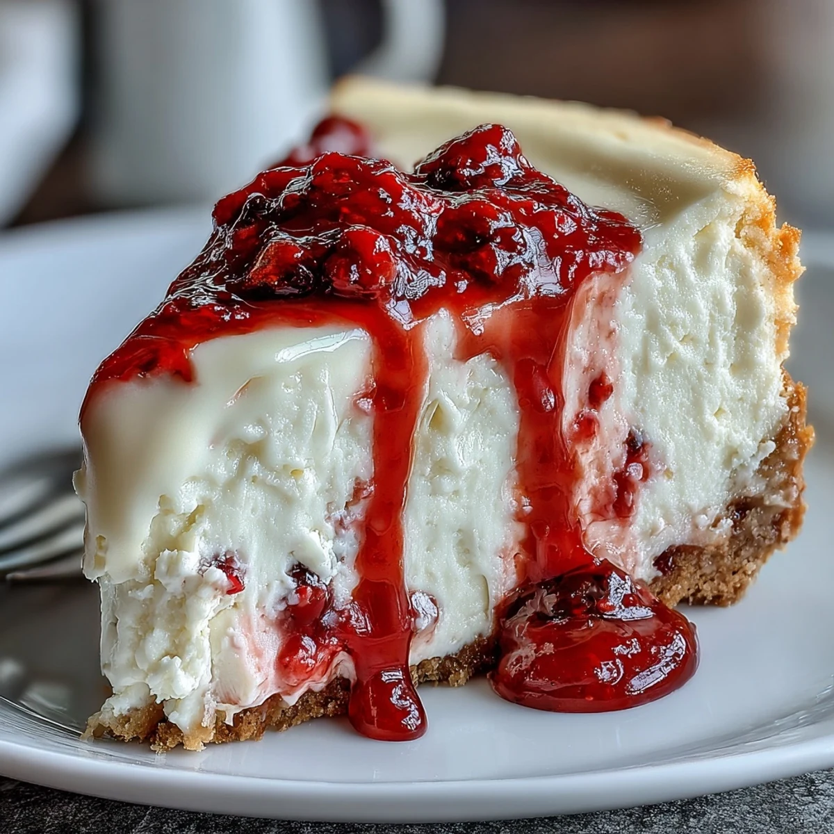 Indulgent White Chocolate Raspberry Cheesecake Bliss with a smooth white chocolate filling and tangy raspberry swirls on a buttery graham cracker crust.