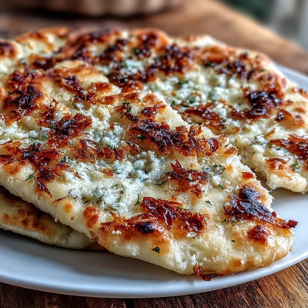 Freshly baked The Best Easy Garlic Naan Bread bubbling in a hot skillet, golden brown spots on the surface.