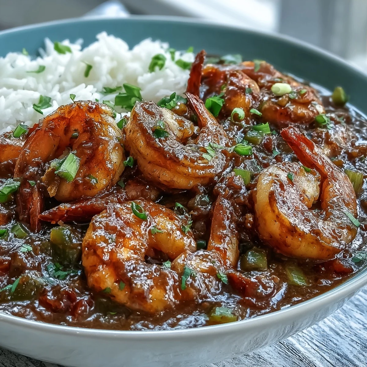 A spoonful of rich Classic New Orleans Étouffée, garnished with green onions and parsley.