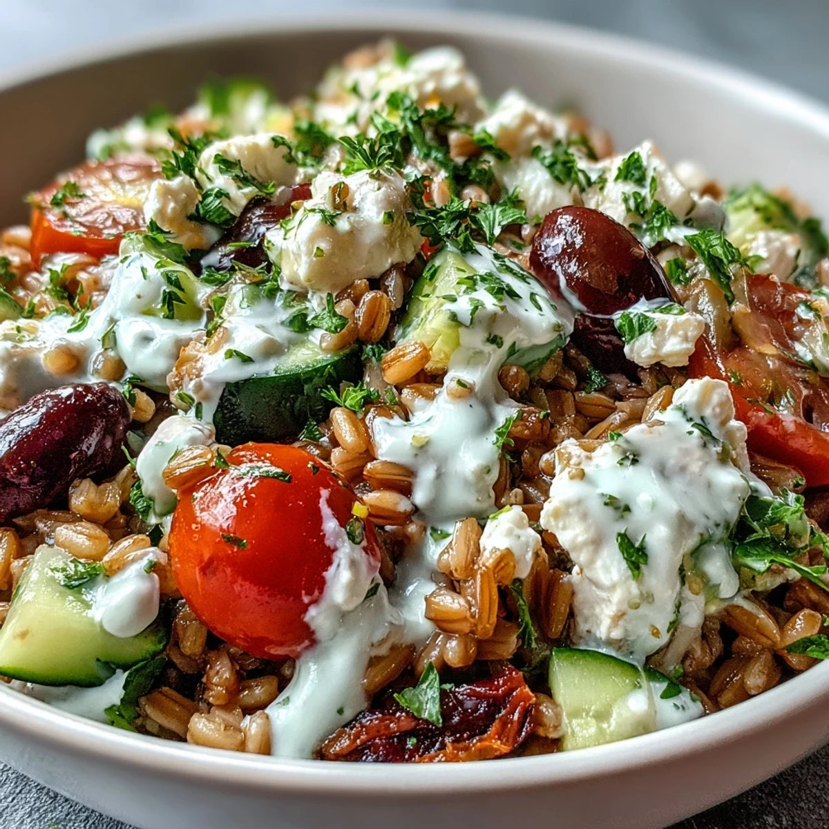 Colorful Mediterranean farro bowl with chickpeas, tomatoes, cucumber, bell pepper, olives, and feta, drizzled with creamy tahini dressing.