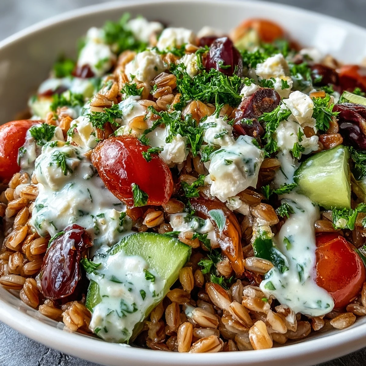 Vibrant vegetarian farro bowl with Mediterranean vegetables, chickpeas, and feta, finished with a luscious lemon-tahini drizzle.