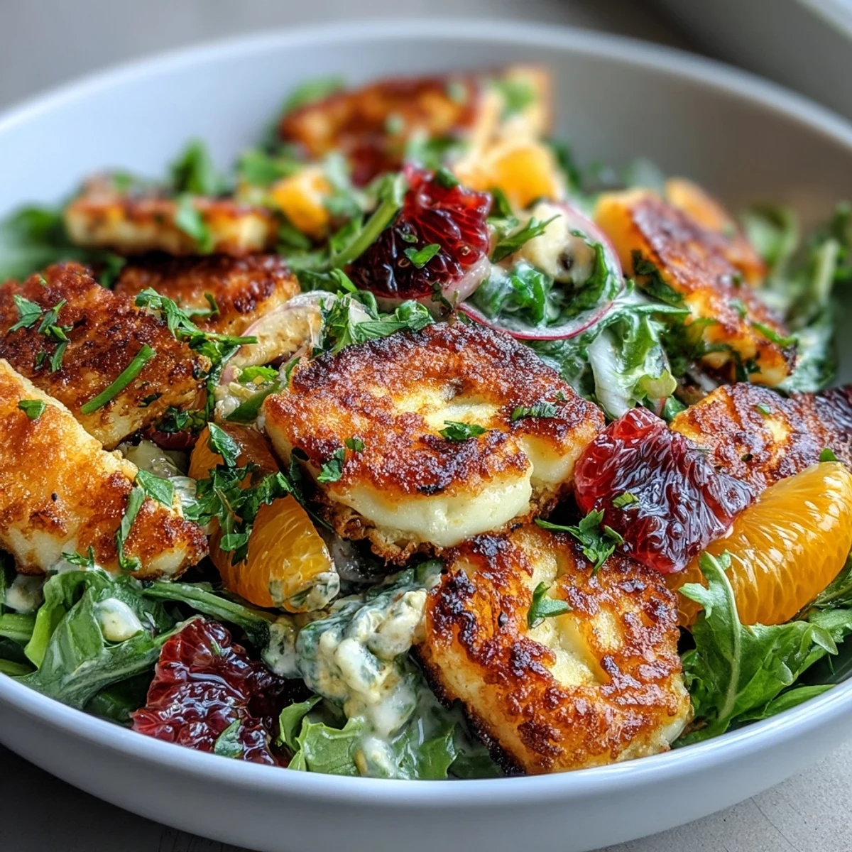 Vibrant Halloumi Blood Orange Fattoush salad with juicy blood orange segments, fried cheese, and crispy sourdough croutons.