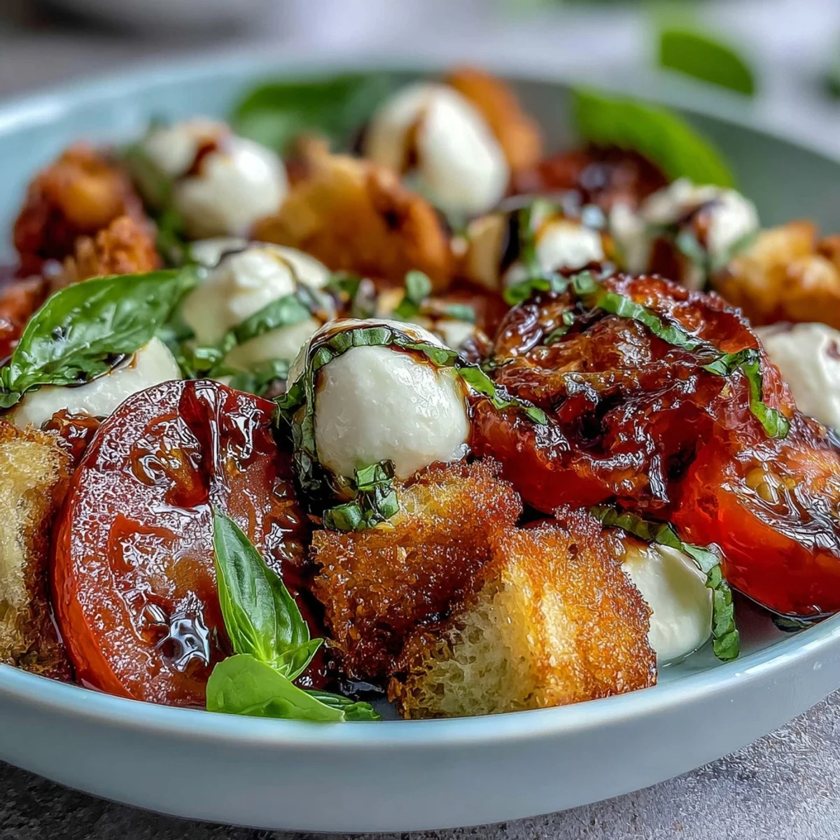 Fresh mozzarella balls and heirloom tomatoes for Caprese Salad Bowl with crispy bread cubes and fresh basil, drizzled with balsamic vinegar.