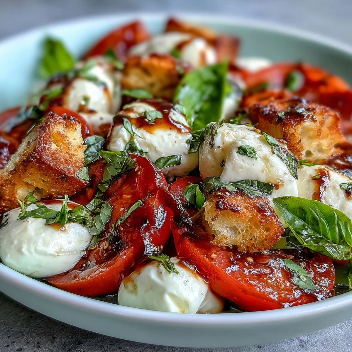 Close-up of Caprese Salad Bowl with juicy tomato slices, creamy mozzarella, and toasted sourdough croutons, perfect for easy weeknight dinners.