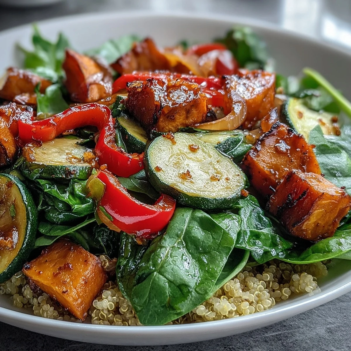 Colorful roasted sweet potatoes, bell peppers, and zucchini rest atop fluffy quinoa in a vibrant Warm Salad Bowl, finished with crumbled feta and pumpkin seeds.  