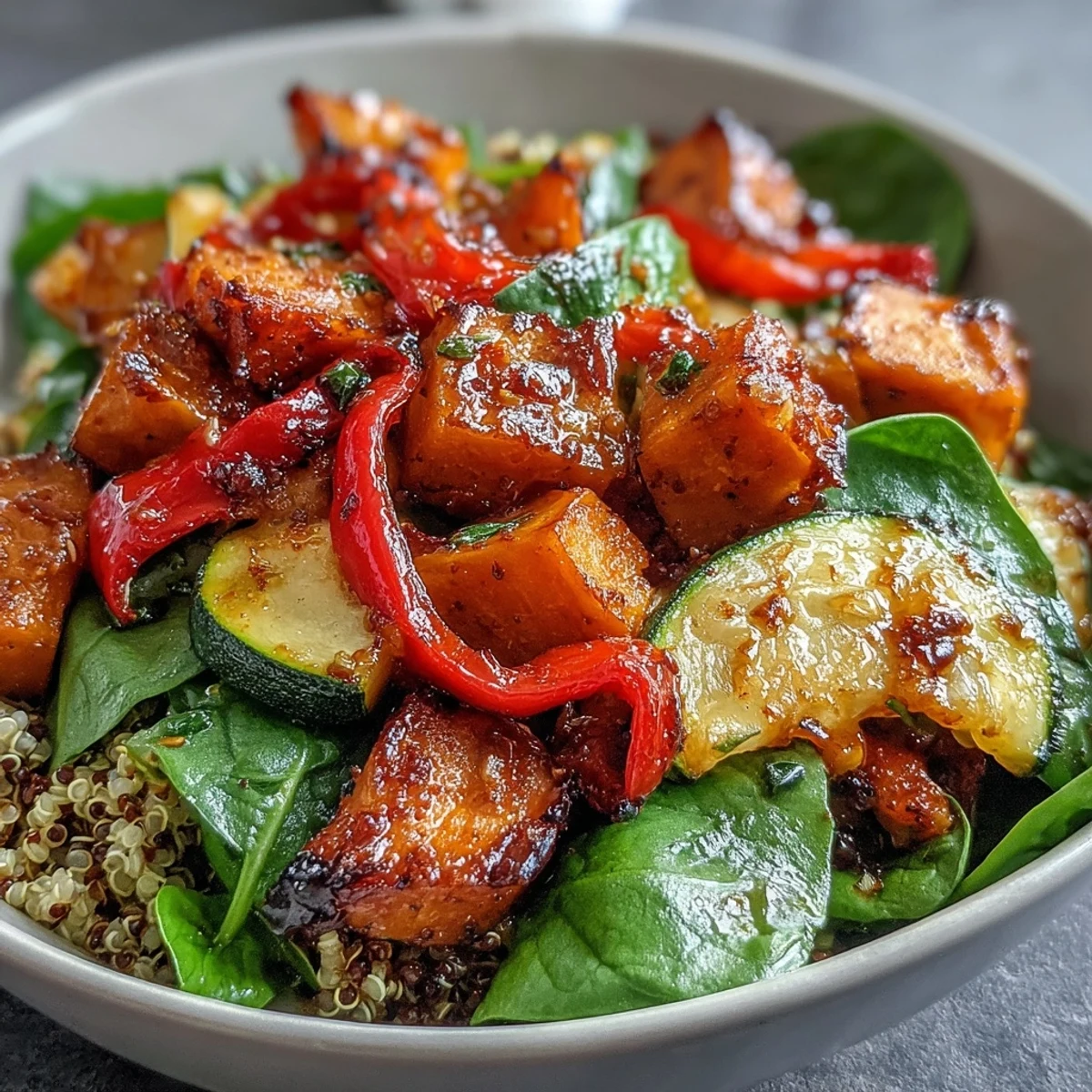 A close-up of the steaming Warm Salad Bowl highlights the golden roasted veggies and fresh herbs, ready to enjoy as a light vegetarian dinner.