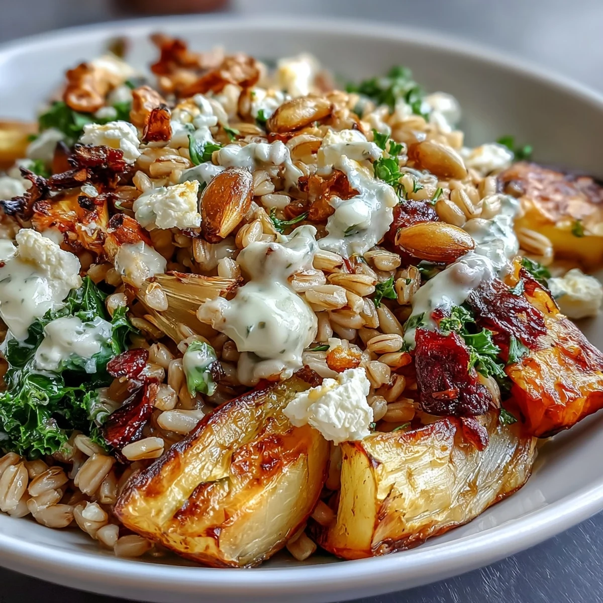 Overhead view of the Hearty Winter Grain Bowl featuring sautéed kale, quinoa, roasted sweet potatoes, and crunchy pumpkin seeds.