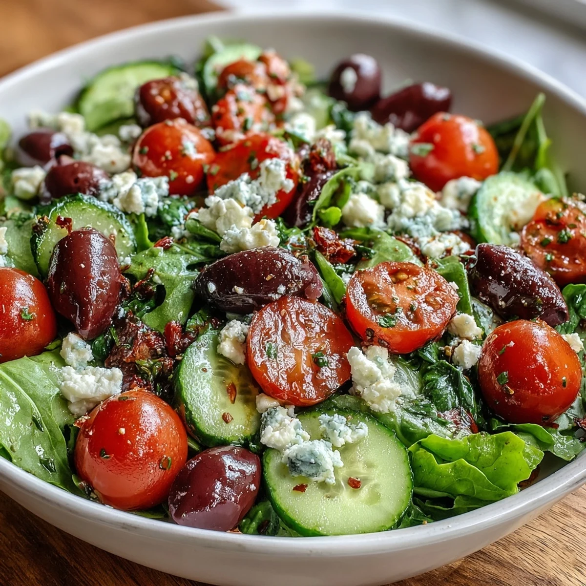 A vibrant Mediterranean Green Salad Bowl with crisp spring mix, juicy tomatoes, and briny Kalamata olives topped with creamy feta.  
