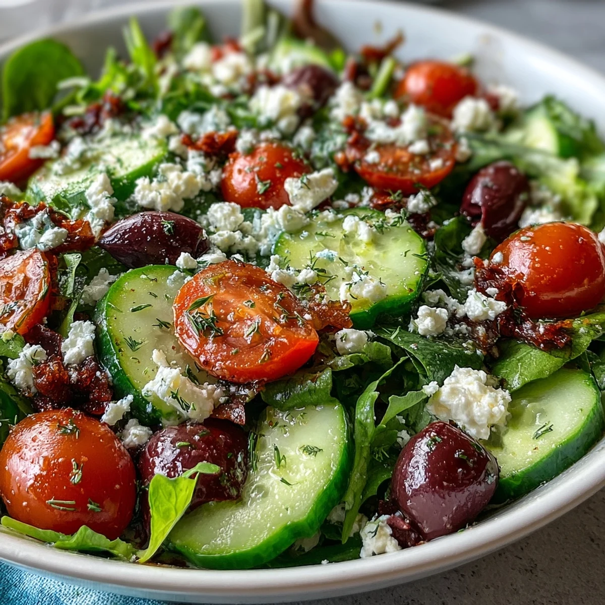 Tossing this Mediterranean Green Salad Bowl with Greek dressing brings out the tangy aroma and fresh, crunchy vegetables.  