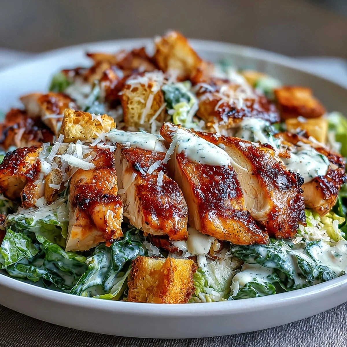 Juicy grilled Caesar Chicken Bowl with tender sliced chicken breast atop crisp romaine, crunchy croutons, and shaved parmesan, drizzled with creamy Caesar dressing.  