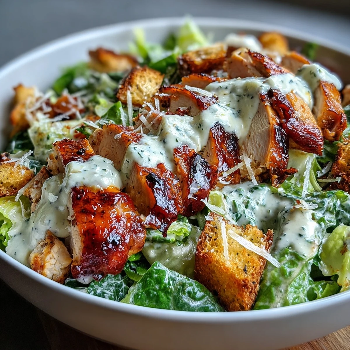 A vibrant Caesar Chicken Bowl featuring golden grilled chicken on fresh romaine lettuce, topped with parmesan cheese, croutons, and a rich, tangy homemade dressing.  