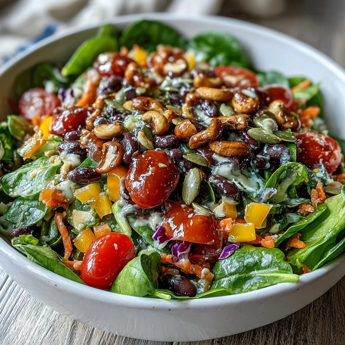 Healthy vegetarian Rainbow Salad Bowl arranged on a white platter, topped with black beans, pepitas, and vibrant purple cabbage.