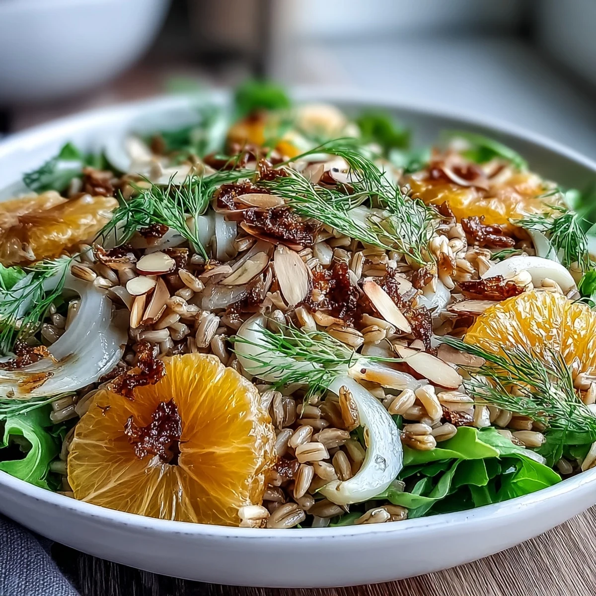Hearty Farro Salad with Fennel, Oranges & Almonds tossed with greens and a zesty vinaigrette, ready to serve as a refreshing main dish.