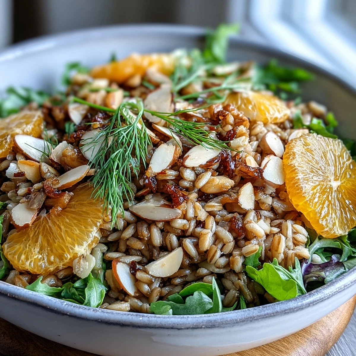 Colorful Farro Salad with Fennel, Oranges & Almonds features crisp fennel, juicy orange slices, and toasted almonds for a satisfying Mediterranean-inspired meal.