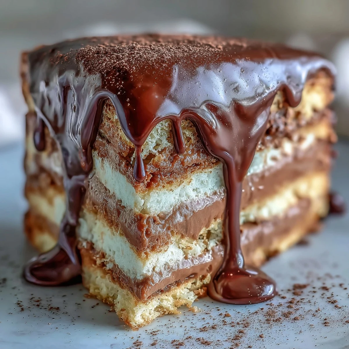 Hojicha Butter Cream Cake with a smooth dark chocolate ganache drip on a white plate.