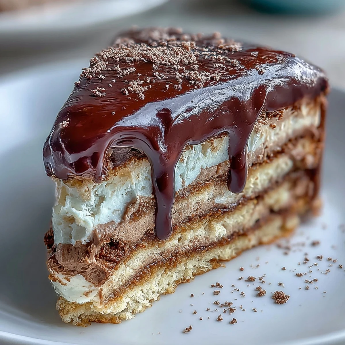 Sliced Hojicha Butter Cream Cake revealing fluffy sponge, creamy tea filling, and glossy ganache.