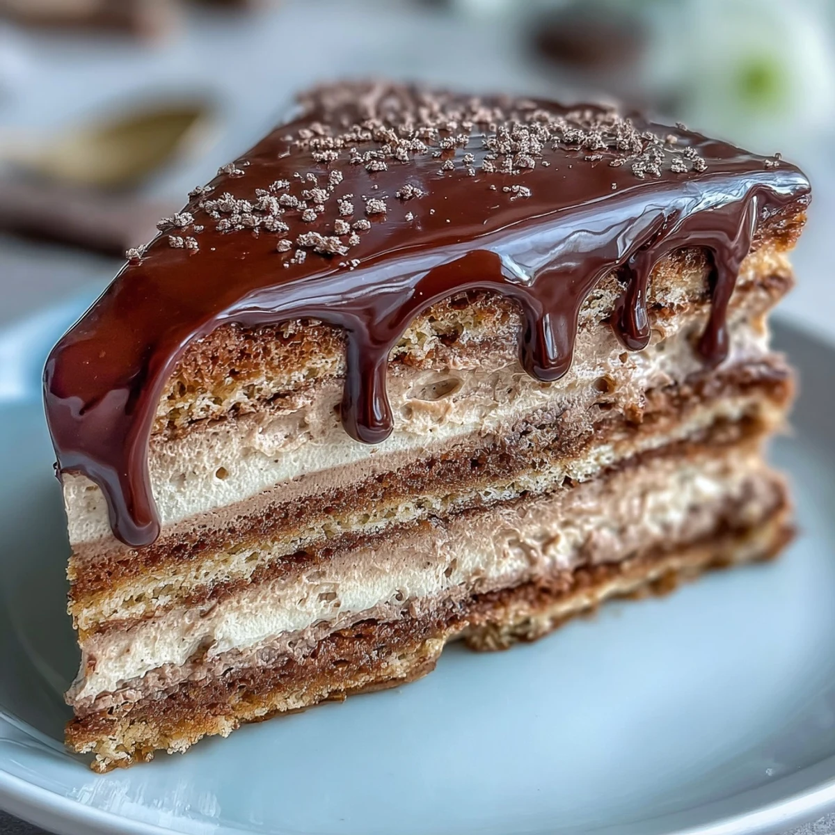 Two-layer Hojicha Butter Cream Cake showing roasted tea buttercream and dark chocolate ganache drip.