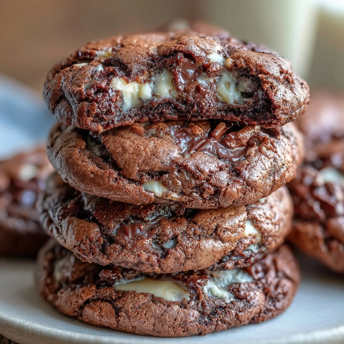 Golden-brown Hojicha Brownie Cookies with cracked tops and gooey white chocolate chunks on a cooling rack. 